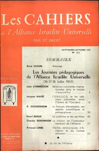 Les Cahiers de l'Alliance Israélite Universelle (Paix et Droit).  N°111 (01 sept. 1957)